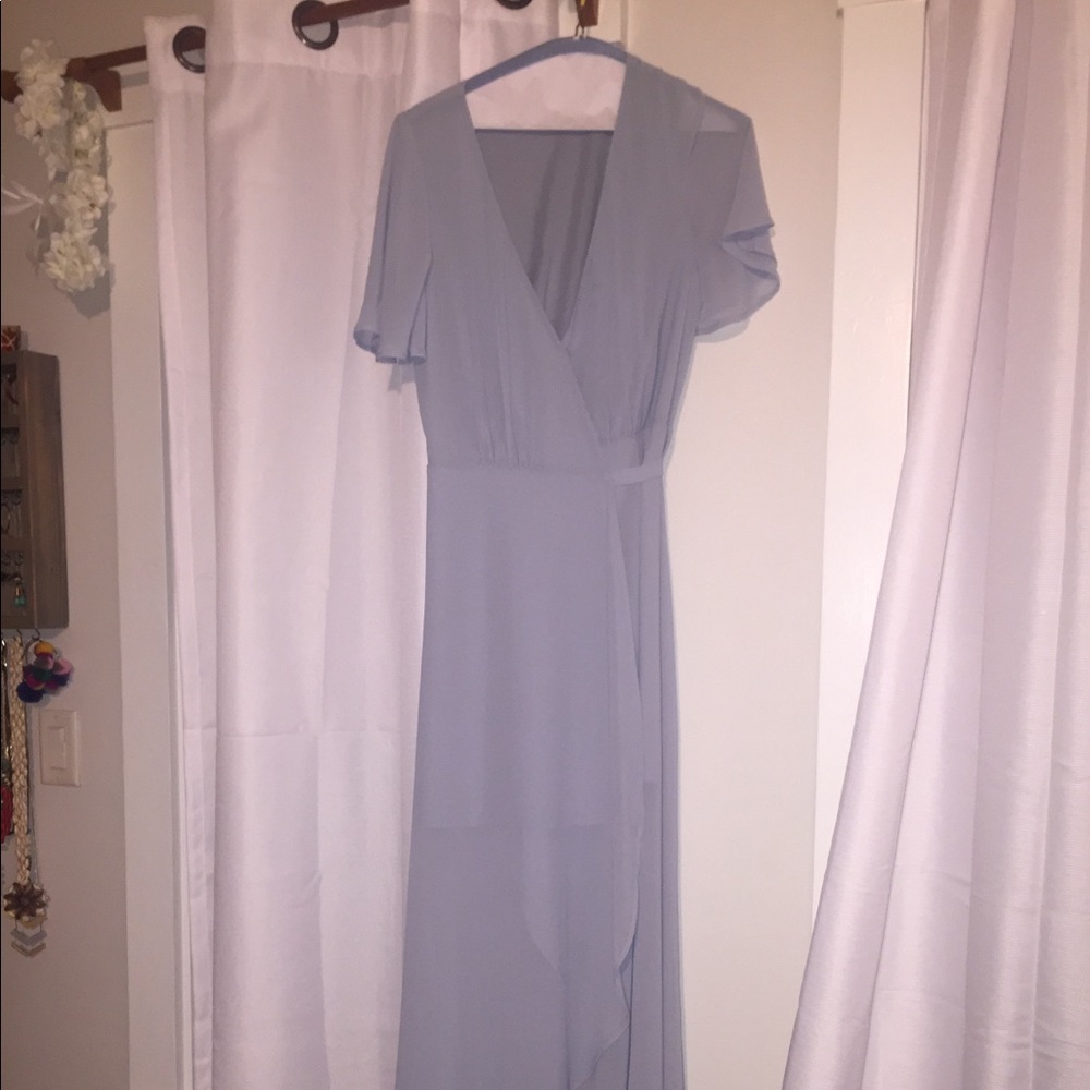 Show me your mumu steel blue chiffon wrap dress